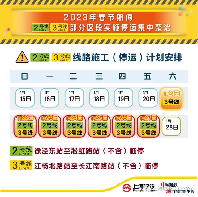 停运区段将配备免费公交接驳！春节期间，地铁2、3号线部分区段临时停运施工